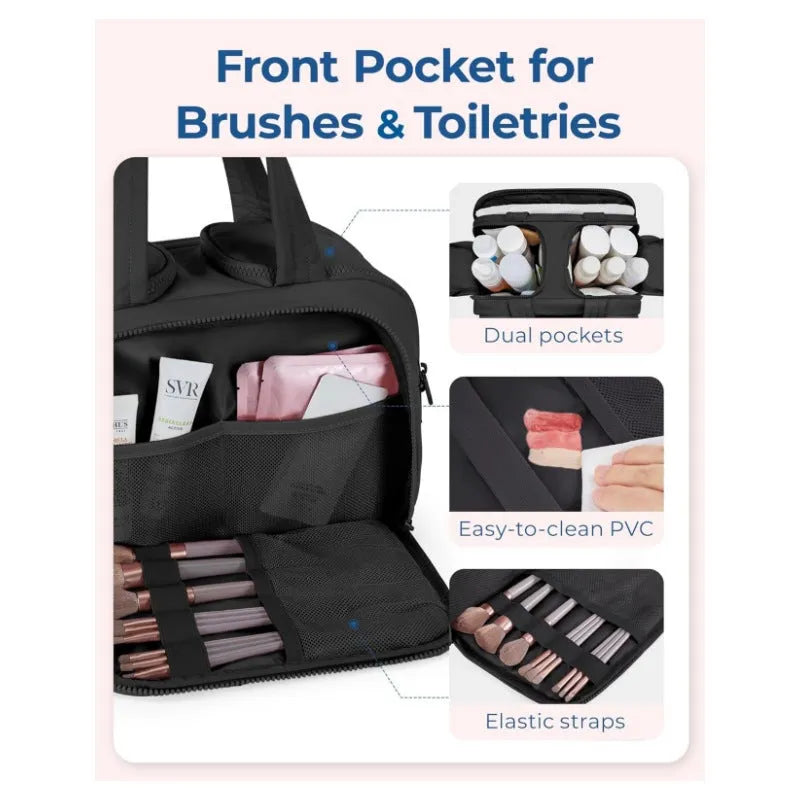 Large fluffy travel toiletry bag open wide showing soft interior, available in beige, black, light blue, pink, purple, and creamy-white.
