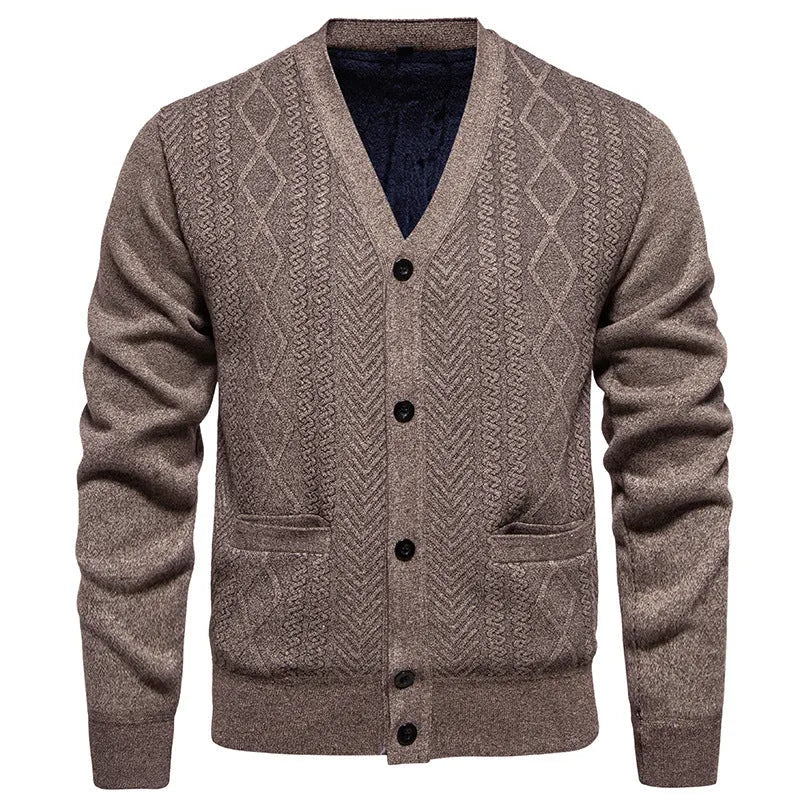 Man wearing a brown striped long sleeve cardigan sweater with a wool lining for fall.