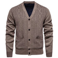 Man wearing a brown striped long sleeve cardigan sweater with a wool lining for fall.