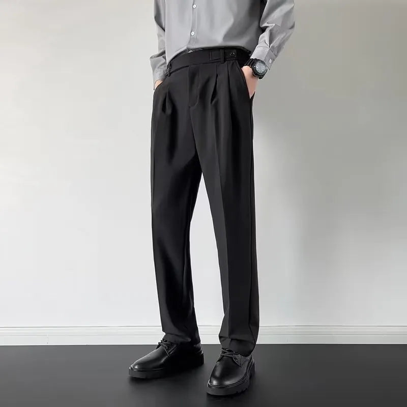 Men's straight-leg loose fit suit trousers in polyester fabric, available in apricot and black colours