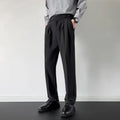 Men's straight-leg loose fit suit trousers in polyester fabric, available in apricot and black colours