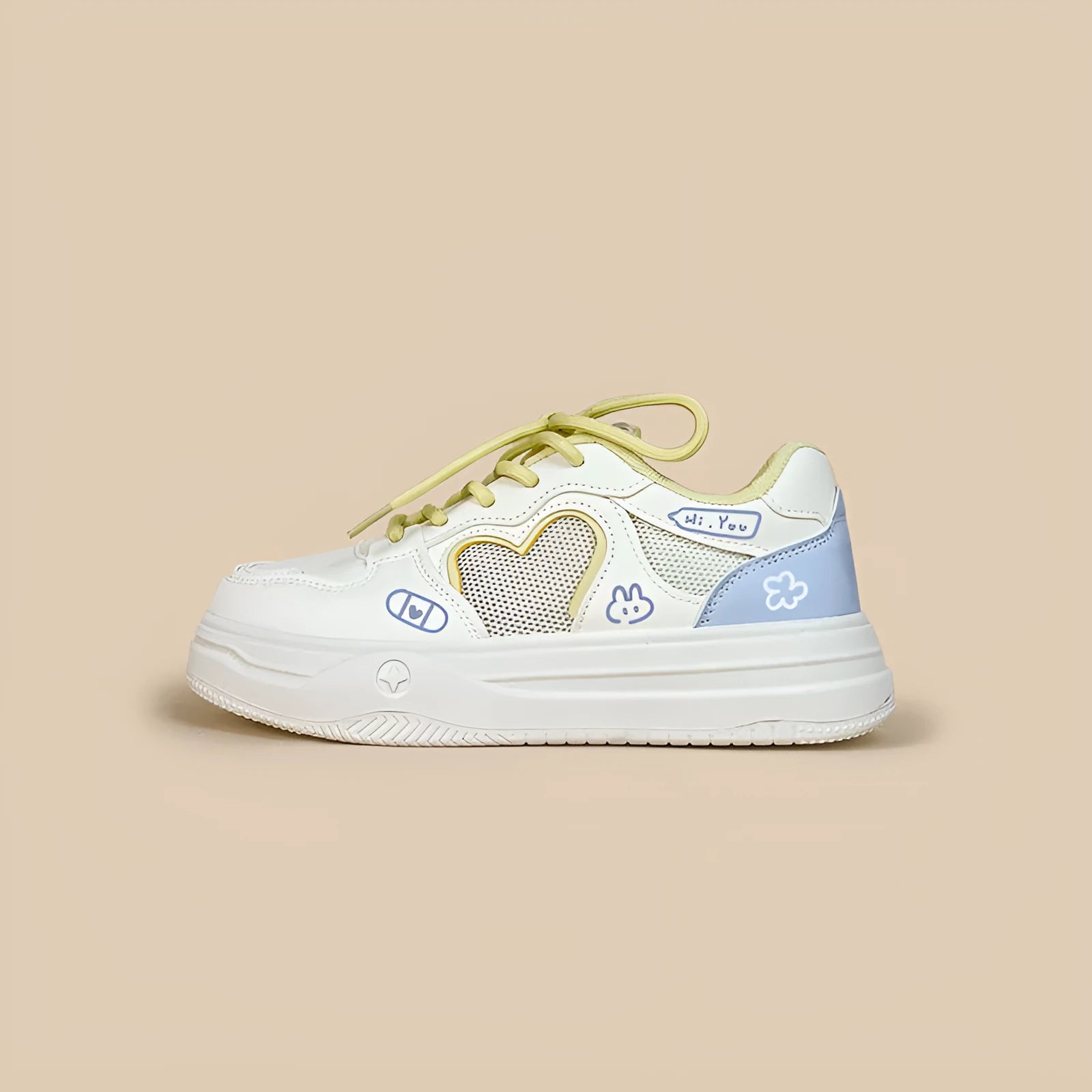 Meow Rabbit Sea Salt Cheese coloured mesh casual sneakers with cross-strap detail and rubber sole