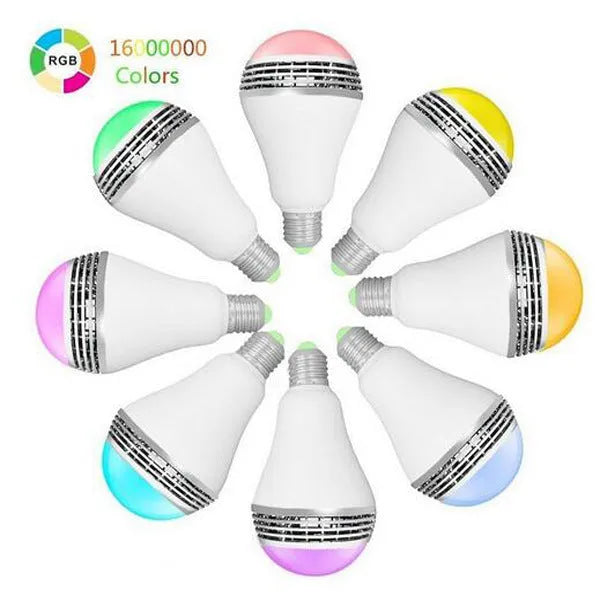 Creative Home LED smart bulb with Bluetooth speaker in E27 fitting showing dimensions and RGB lighting