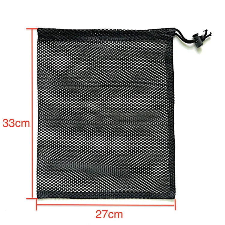 Black drawstring mesh storage bag for children's toys, shown in three sizes on a white background.