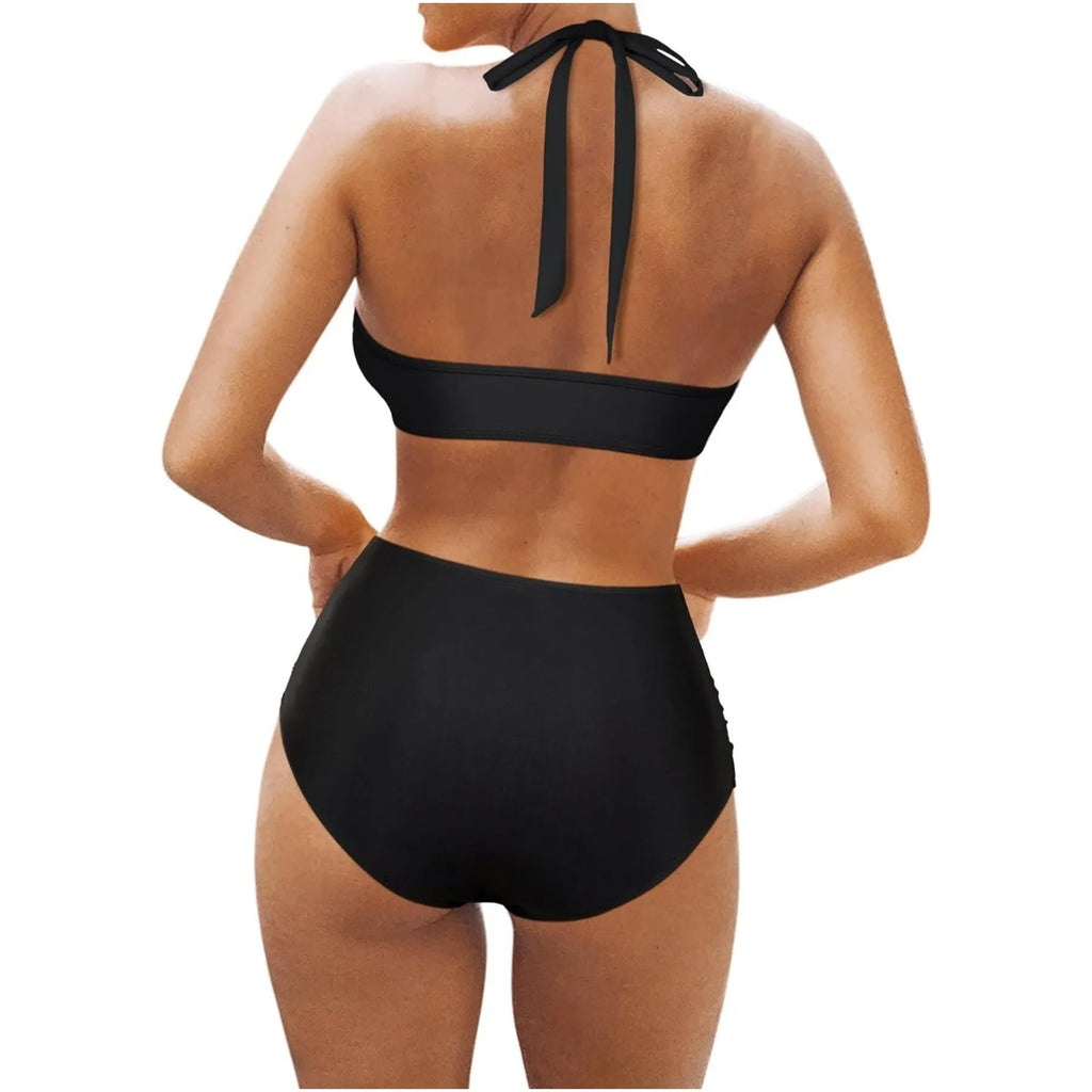 Women's black polyester fibre bikini set with split brief style, shown alongside rose red and leopard print colour options.