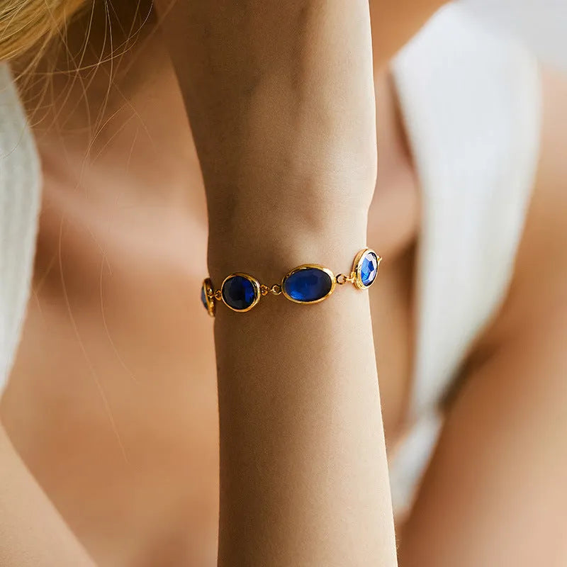 Geometric ellipse copper bracelet with glass inlay decoration in blue, green or multicolor options