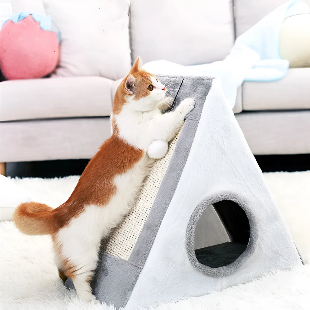 Grey and white triangle sisal scratching post for cats on a wooden floor.