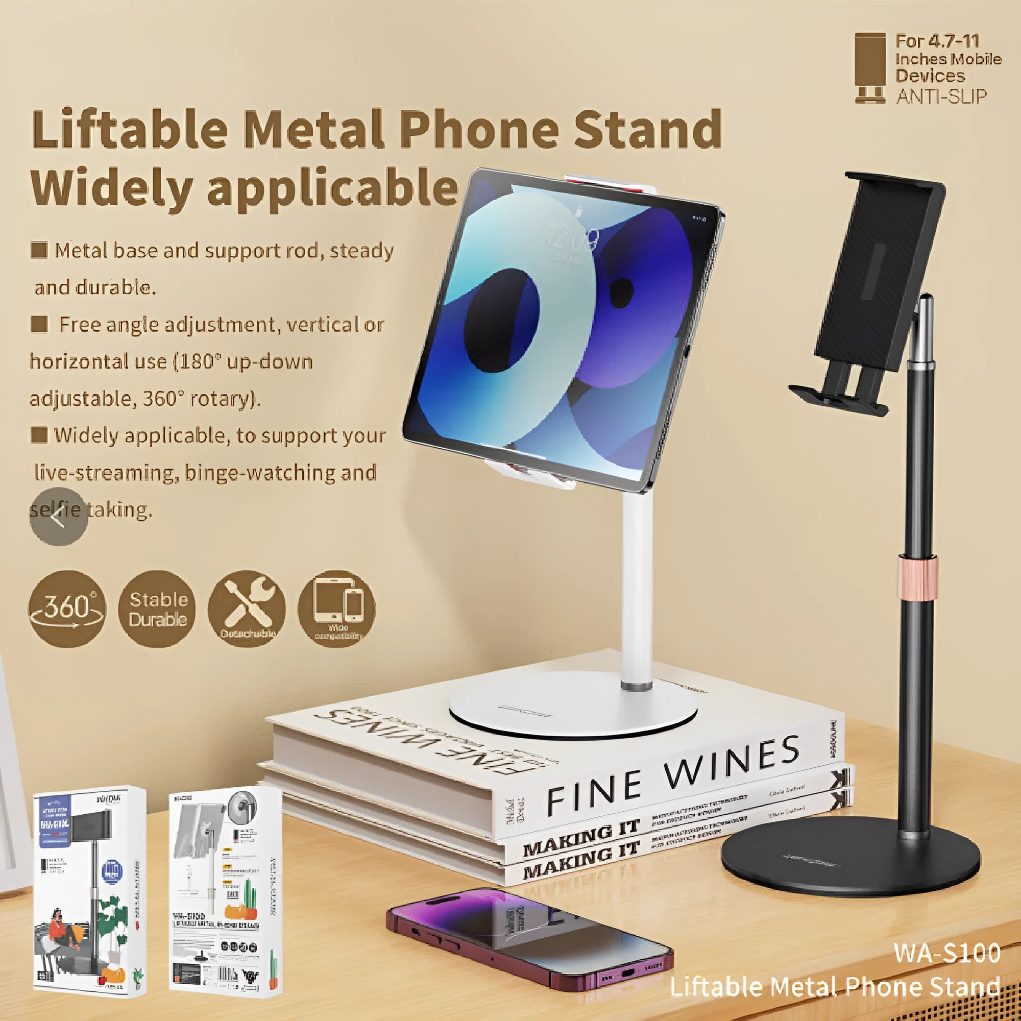 Lifting metal bracket holding tablet computer with telescopic height adjustment mechanism