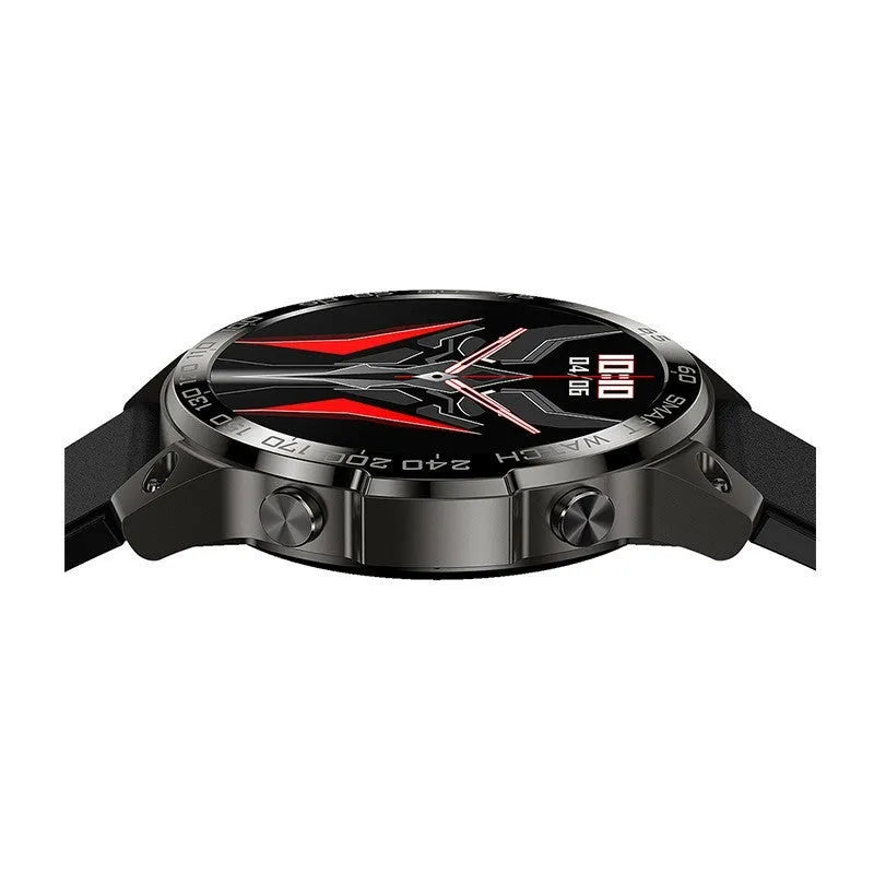 Black sports smartwatch with round AMOLED screen and silicone strap on a wrist, showing fitness stats.