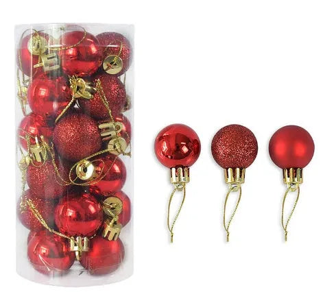 Assorted gold, red, silver and blue 3cm diameter shiny matte Christmas baubles displayed together.
