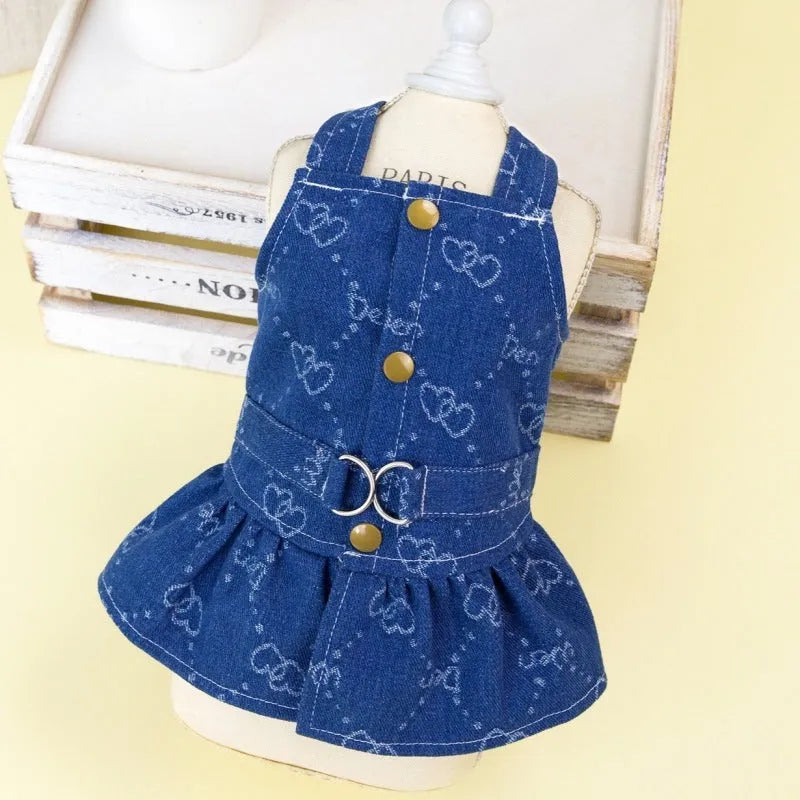 Teddy Bichon dog wearing a thin HNXD denim princess dress with a bracket skirt design.