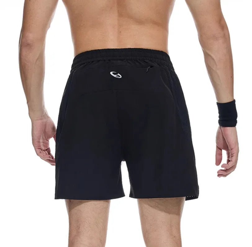 Men's black running shorts with laser-punched stitching detail on the legs.