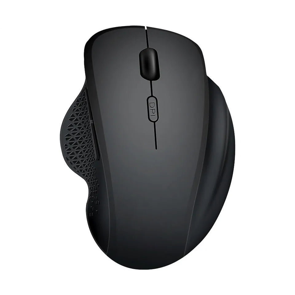 Black and grey wireless optical mouse for laptops with USB charging cable
