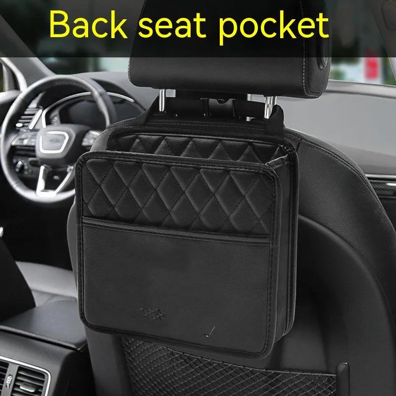 Black leather car hanging storage bag measuring 25cm square with 8cm depth