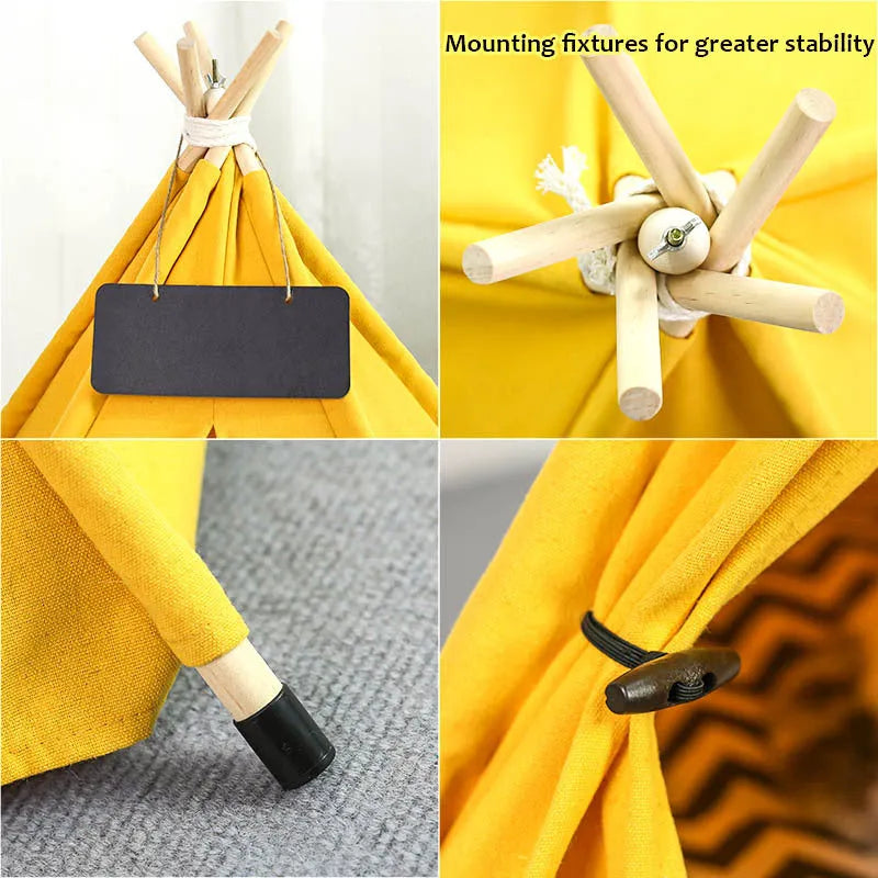 Striped pet teepee tent for small dogs or cats with cushion inside, shown in white colour.