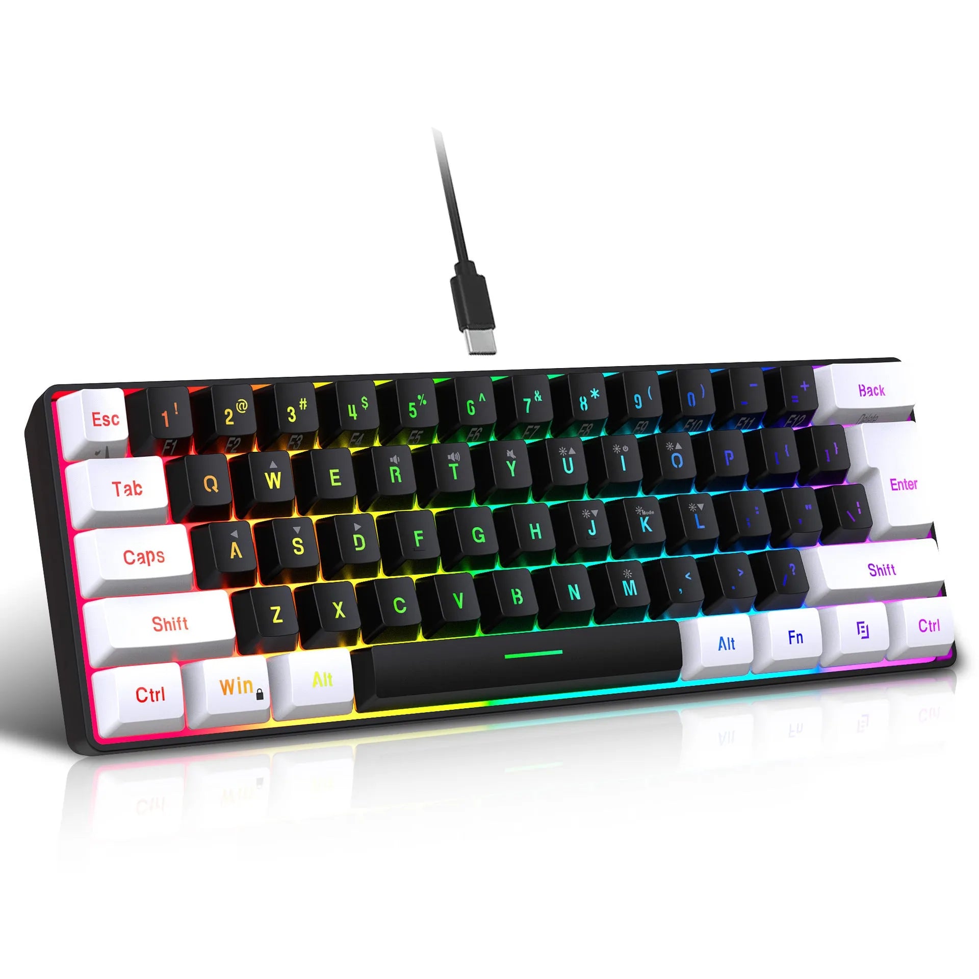 61 key wired membrane USB keyboard in white and black colour variant on desk