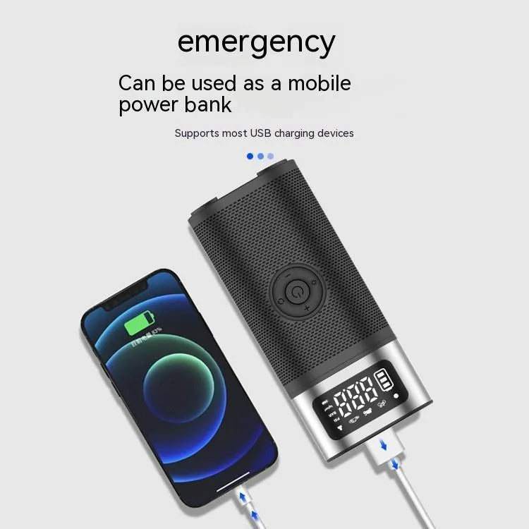 Black portable wireless vehicle air pump with digital display, LED light and flexible inflation tube