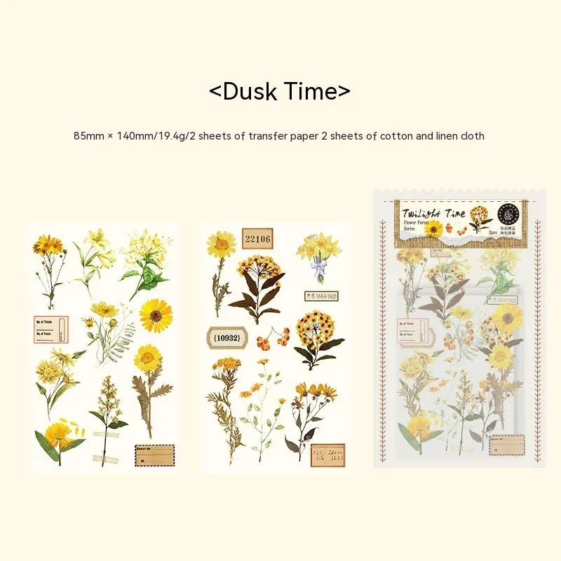 Huazhisen forest art deco sticker pack showing six 85x180mm designs with transfer paper and cotton linen sheets