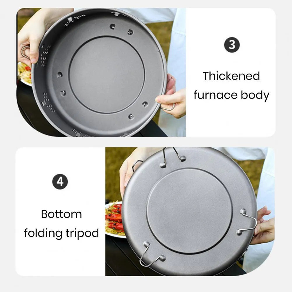 Portable stainless steel campfire grill with detachable parts, charcoal bowl, ash tray, and storage bag, white, 31cm