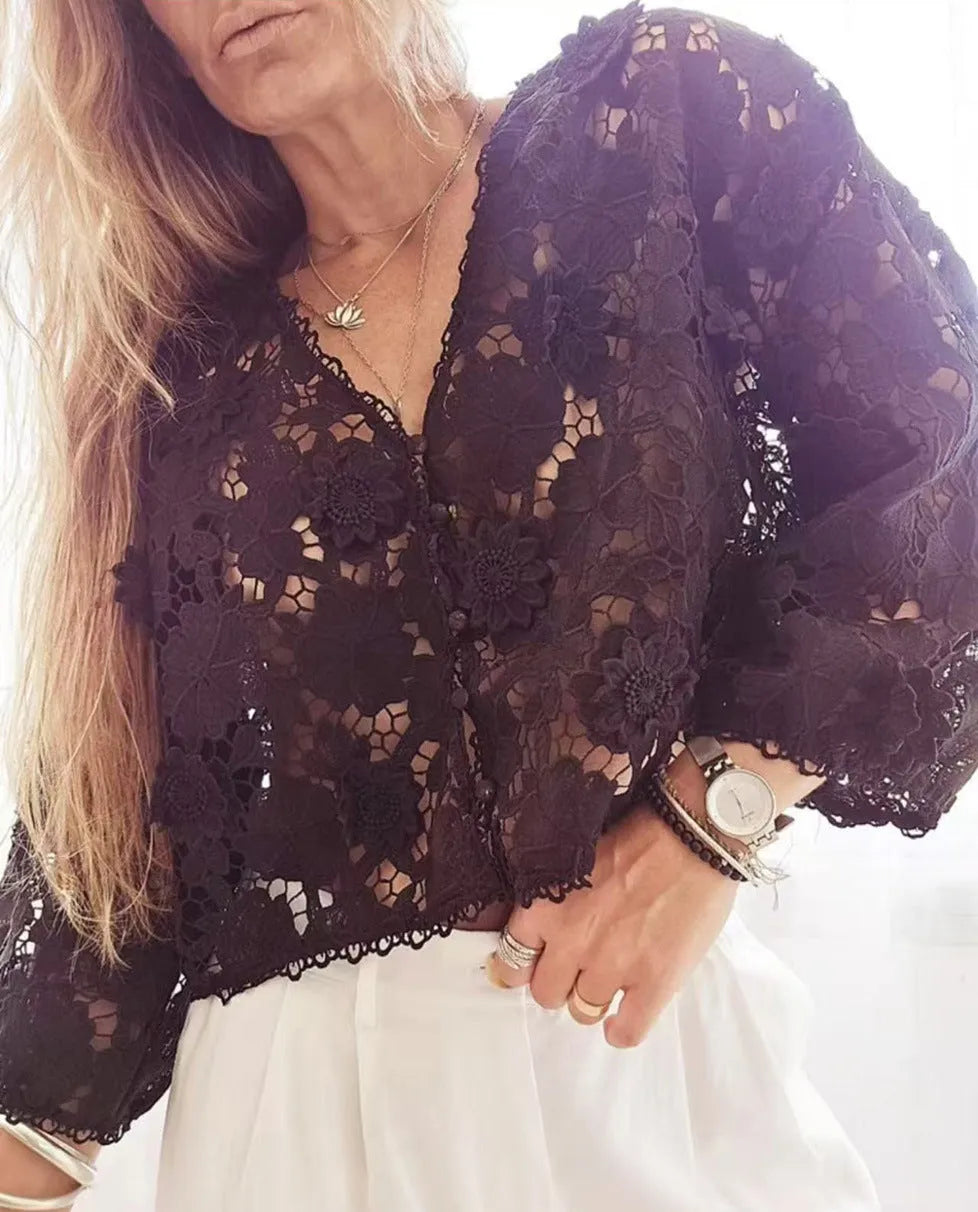 Black lace cardigan shirt with 3D floral embroidery and a V-neck, shown on a hanger.