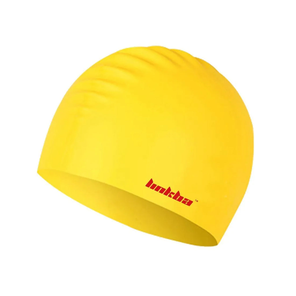 Silicone swimming cap with letter pattern in one of five colours: black, white, yellow, blue, or grey.