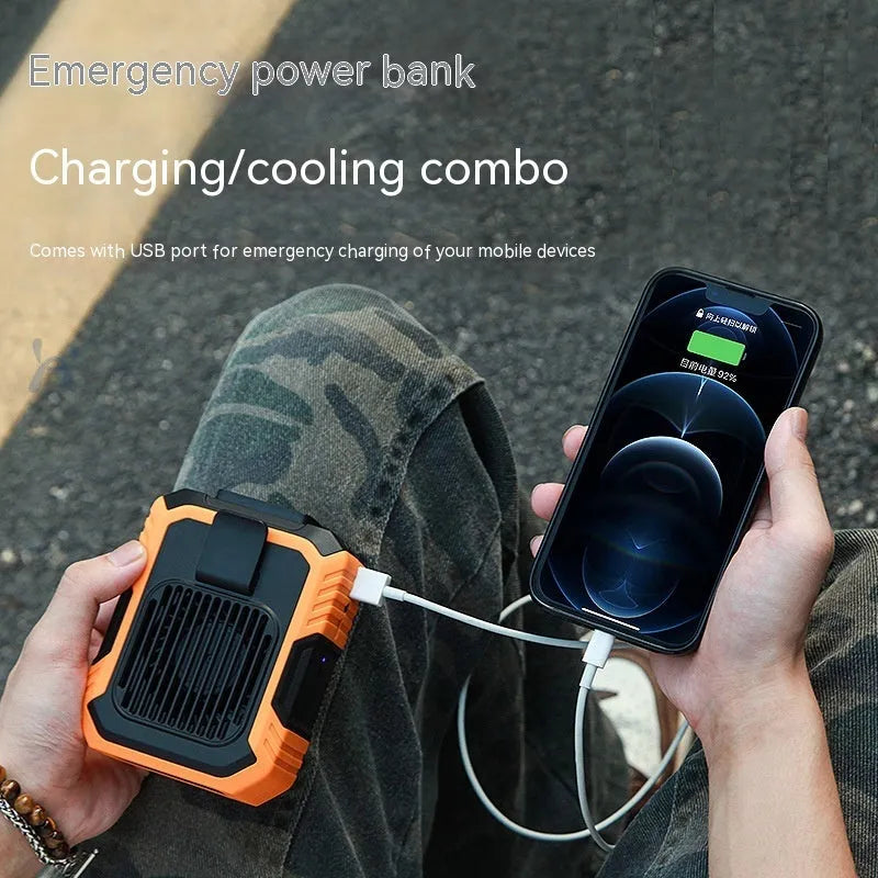 Wrist hanging fan with power bank and light in green, orange, pink, or white colours