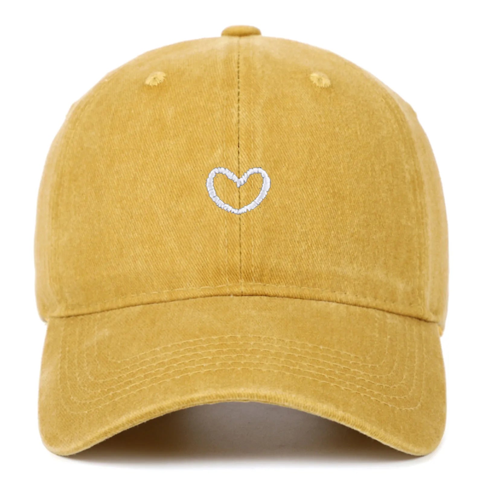 Retro-style cotton baseball cap with embroidered 'love' word, shown in an adjustable size.