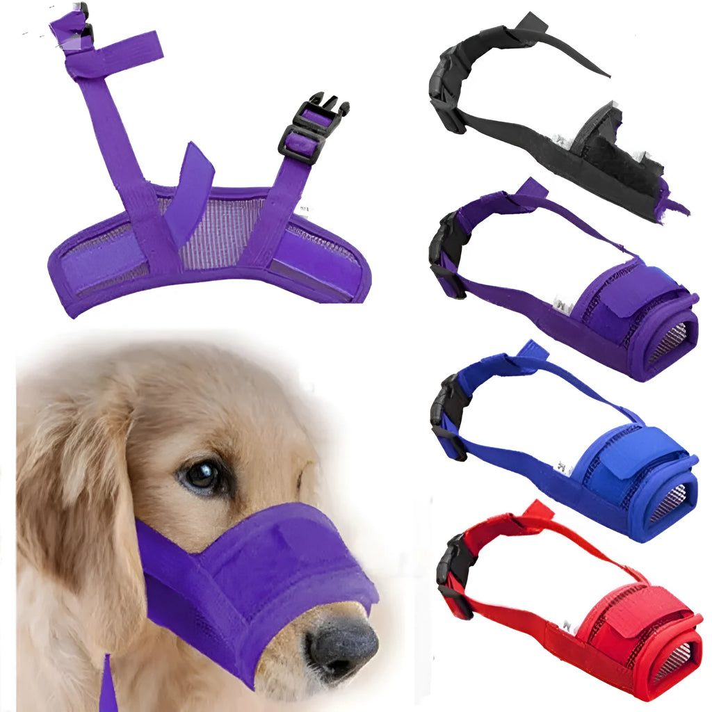 A black adjustable plastic dog muzzle shown on a size chart with options for red, blue, pink, and purple.