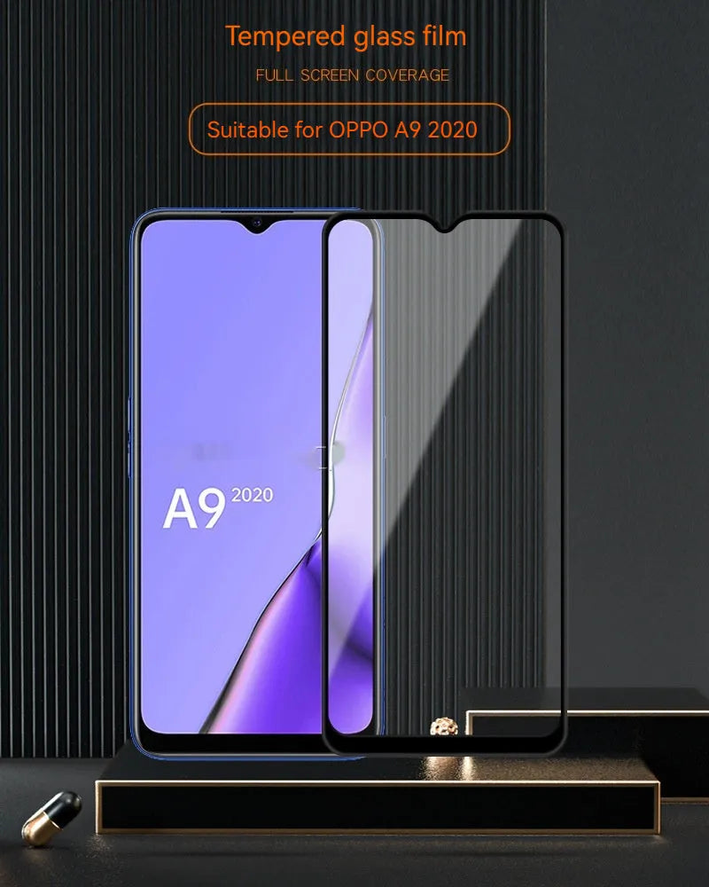 Full glue tempered glass screen protector for OPPO A9 2020 smartphone shown in black.