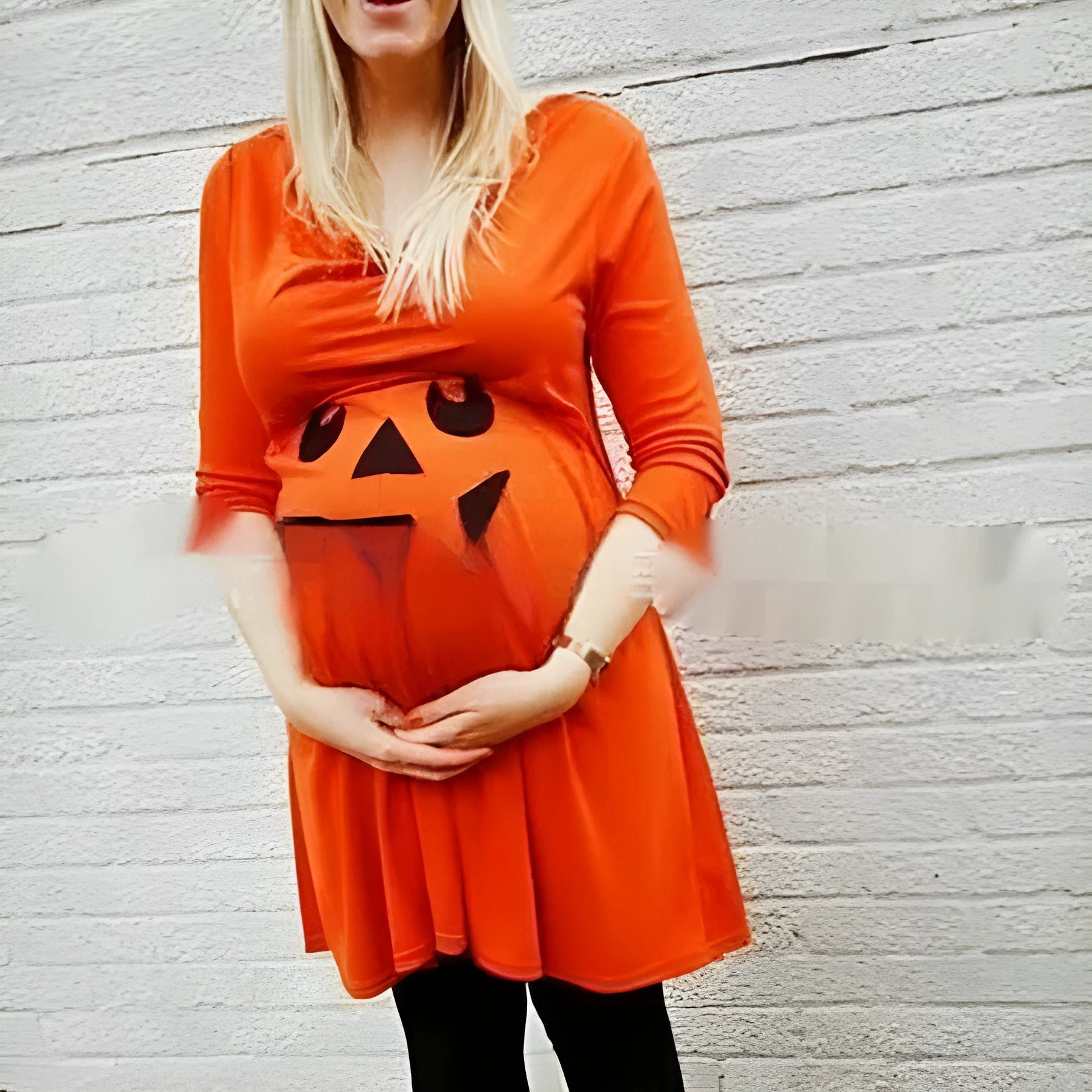 Bright orange long sleeve cotton maternity dress for Halloween and seasonal pregnancy wear