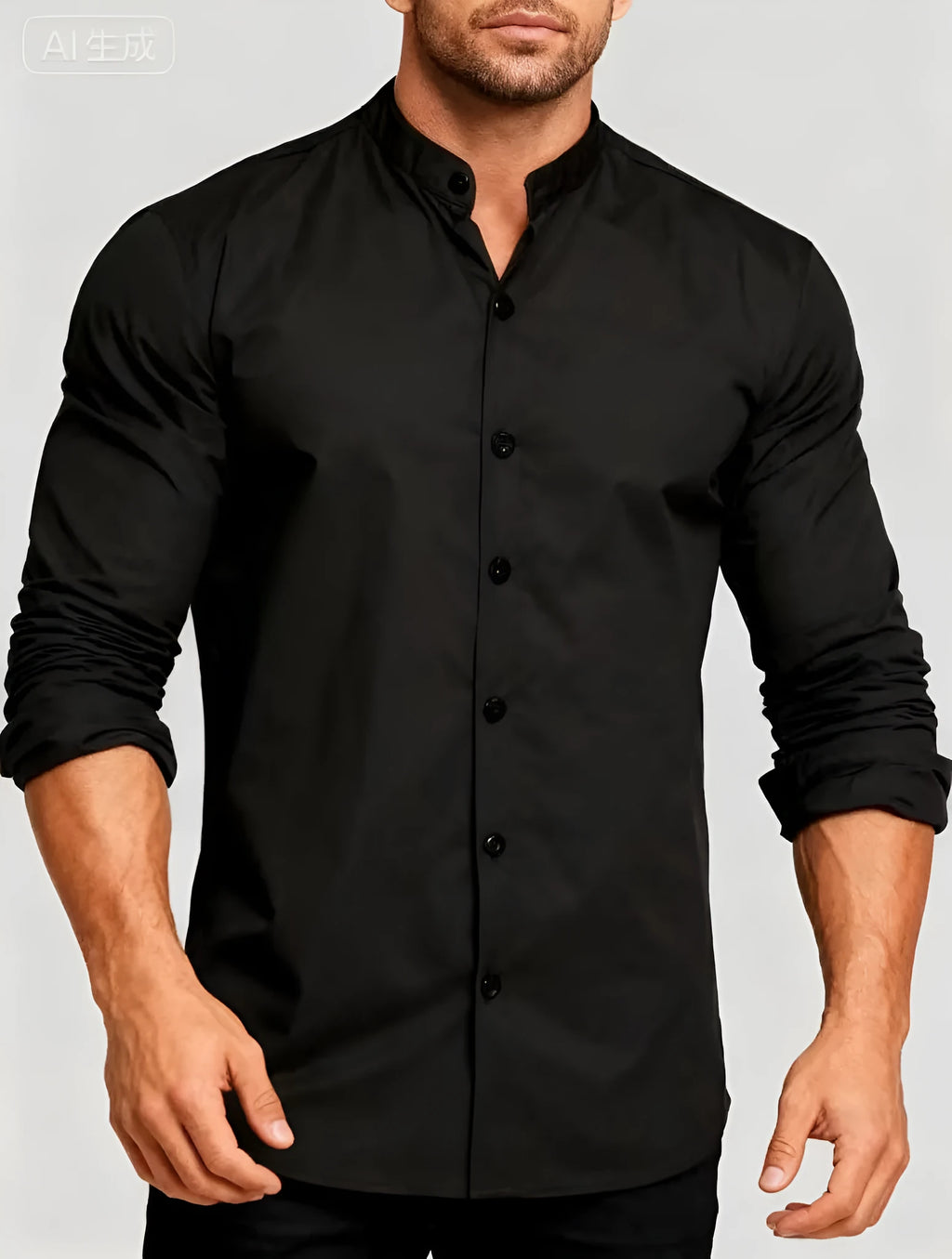 Men's black stand-up collar shirt with fitted silhouette, available in sizes S to XXXL for smart casual and formal wear.