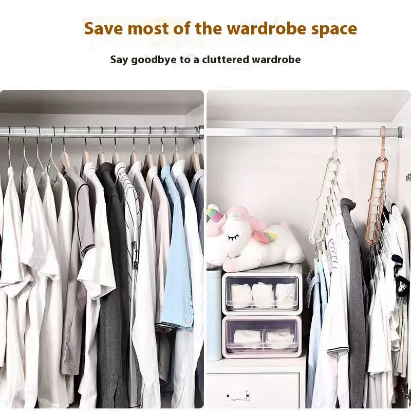 Plastic nine-hole clothes hanger with folding pant rack in a choice of five colours.