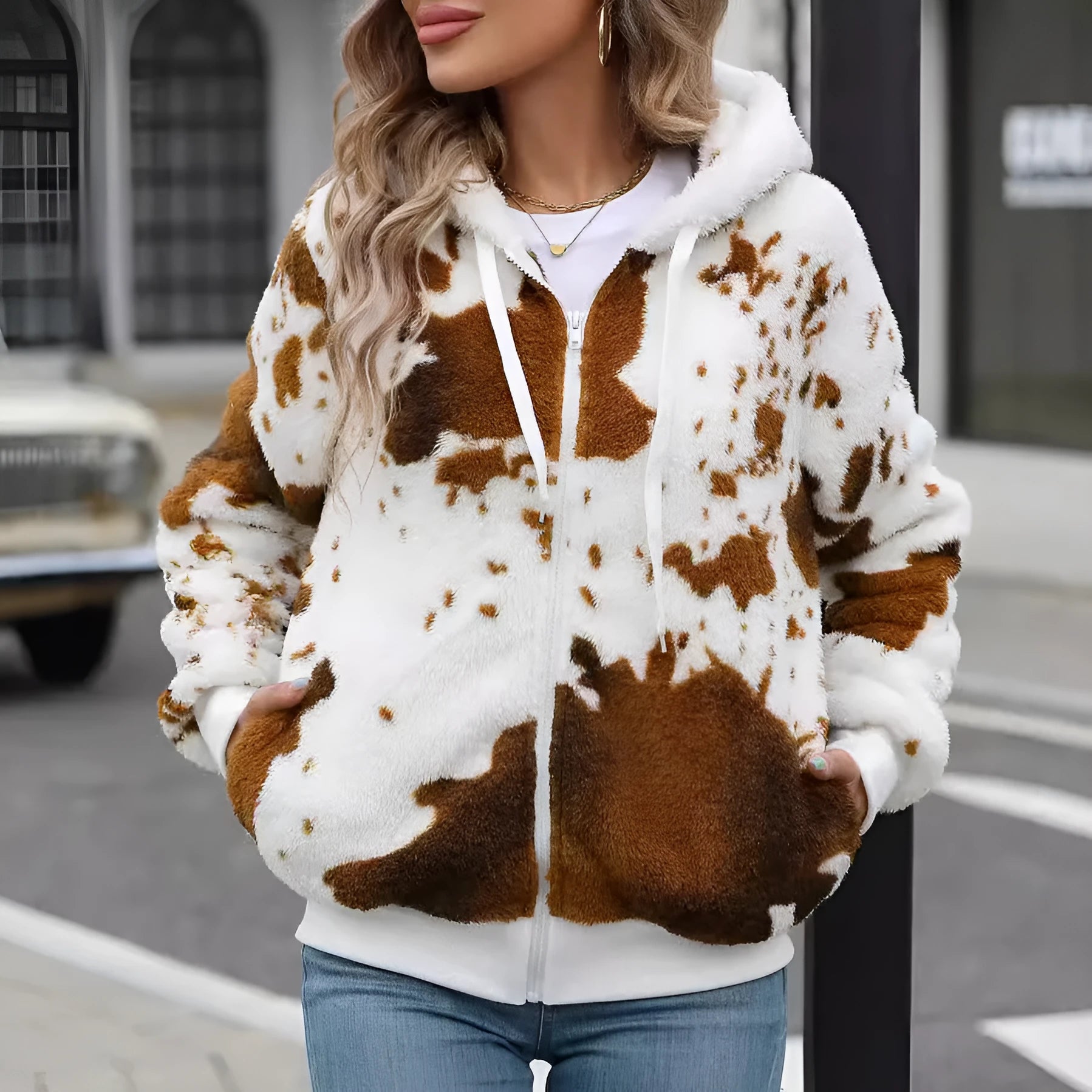 Yellow brown cow animal print hooded cardigan jacket with zipper front and regular sleeves