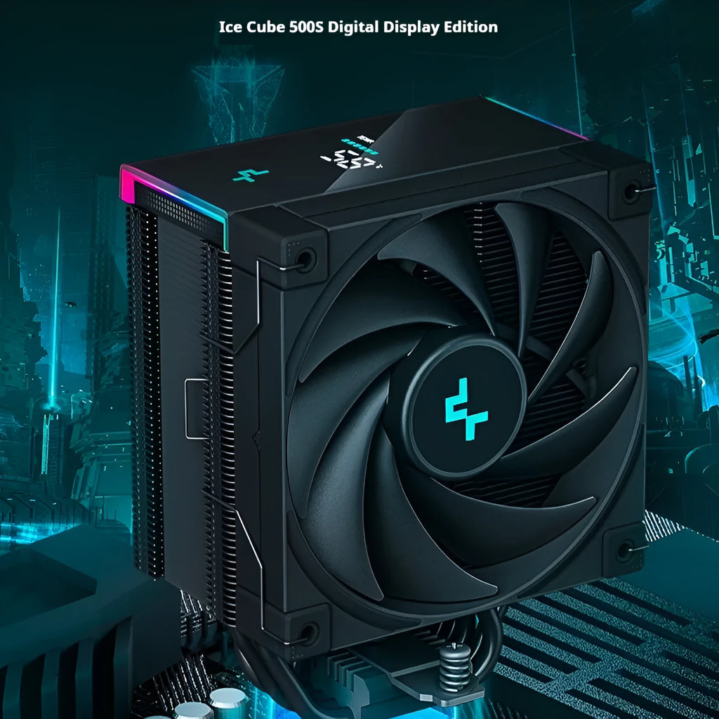 Twin tower CPU air cooler with digital temperature display in black colour