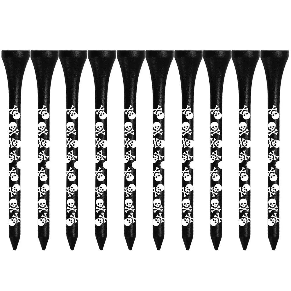 Black bamboo golf shoe dowel pins with skull print in 70mm and 83mm sizes, pack of 10