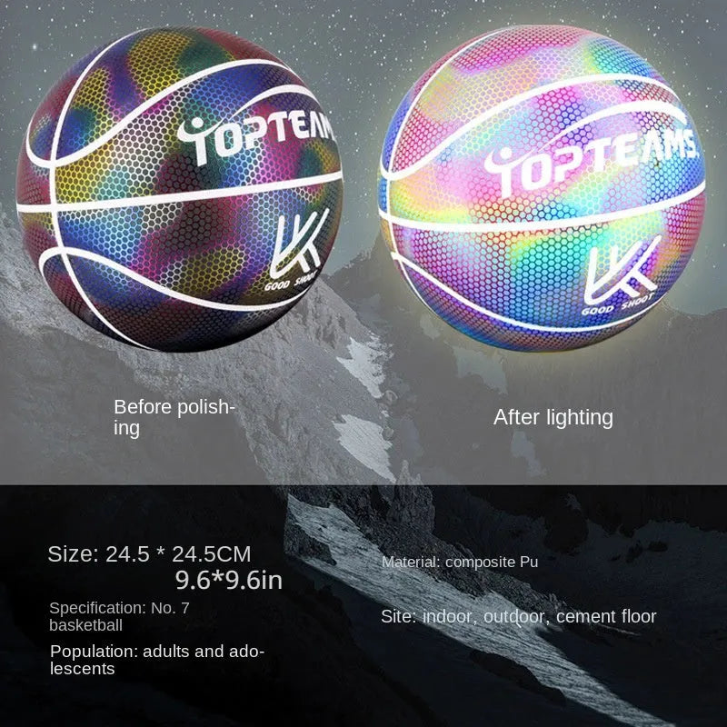 Holographic reflective basketball size 7 with fluorescent finish for night games