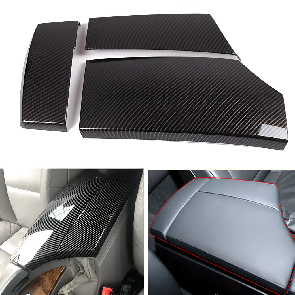 Three-piece black ABS armrest box protective cover set with shiny carbon fibre diagonal weave pattern
