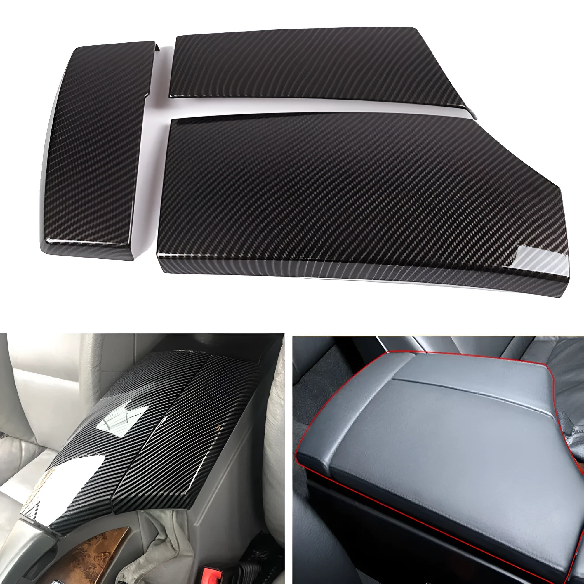 Three-piece black ABS armrest box protective cover set with shiny carbon fibre diagonal weave pattern