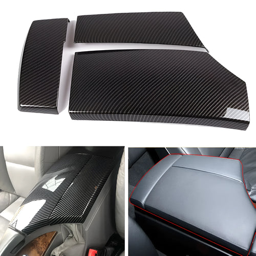 Three-piece black ABS armrest box protective cover set with shiny carbon fibre diagonal weave pattern