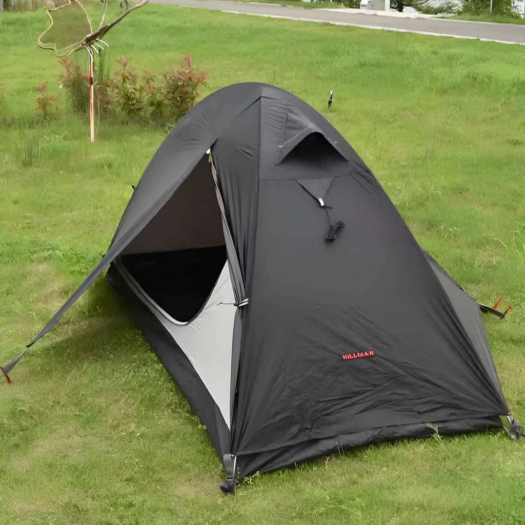 Single person camping tent with aluminium poles in red colour showing double layer construction