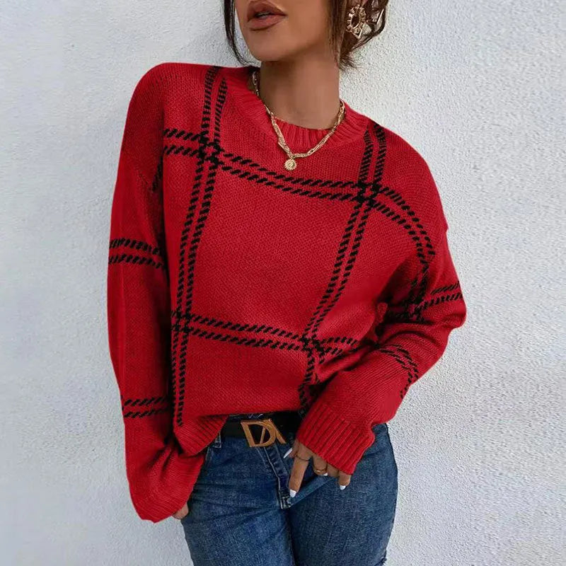 Women's loose-fitting plaid colour-block acrylic pullover sweater showing apricot, black, beige, red and green stripes