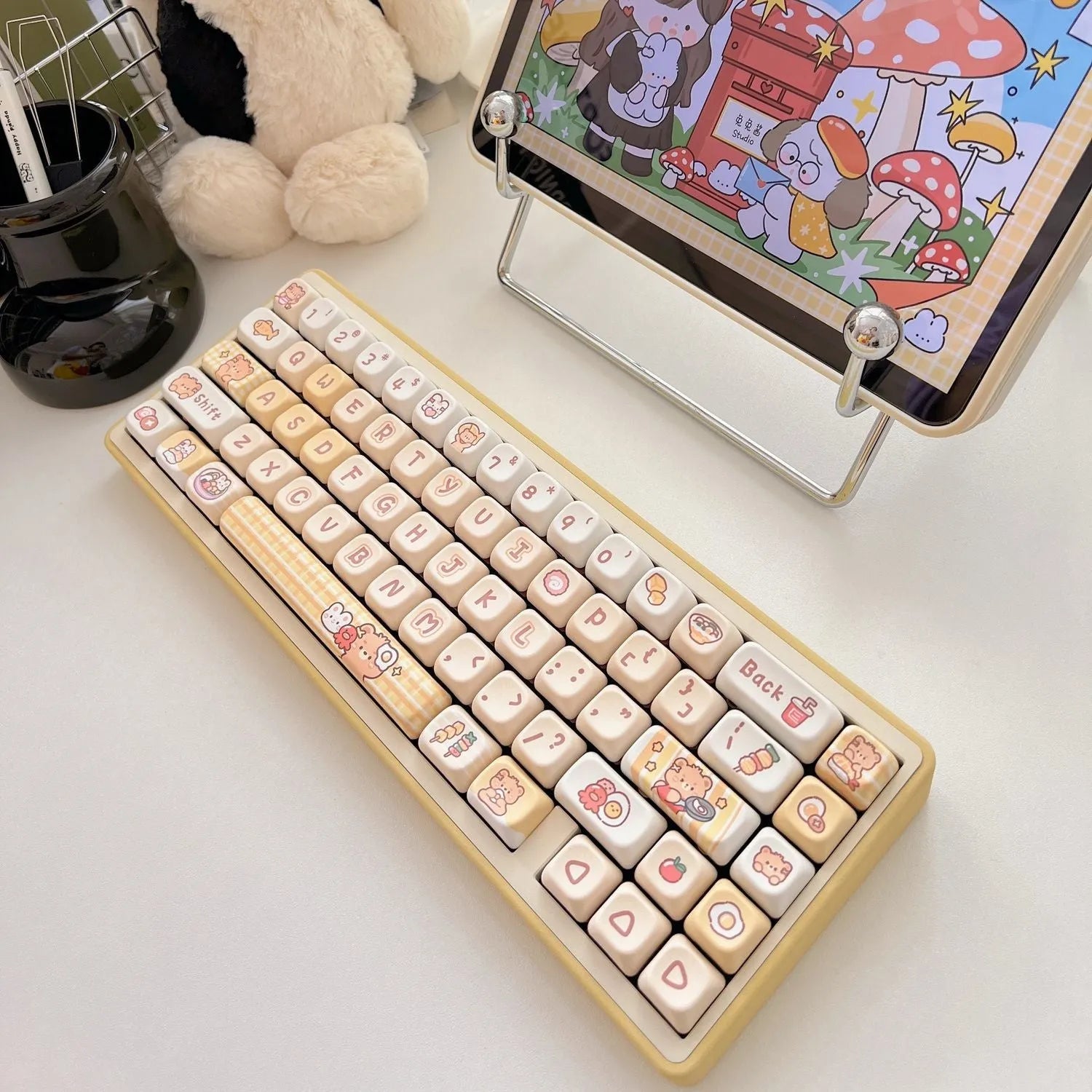Rabbit Bear Restaurant themed mechanical keyboard keycap set showing PBT construction and thermal sublimation printing