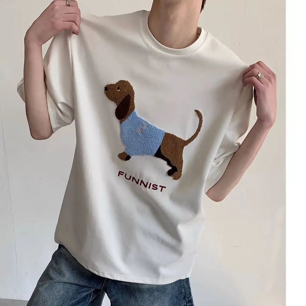 Grey men's t-shirt with an embroidered sausage dog design on the chest