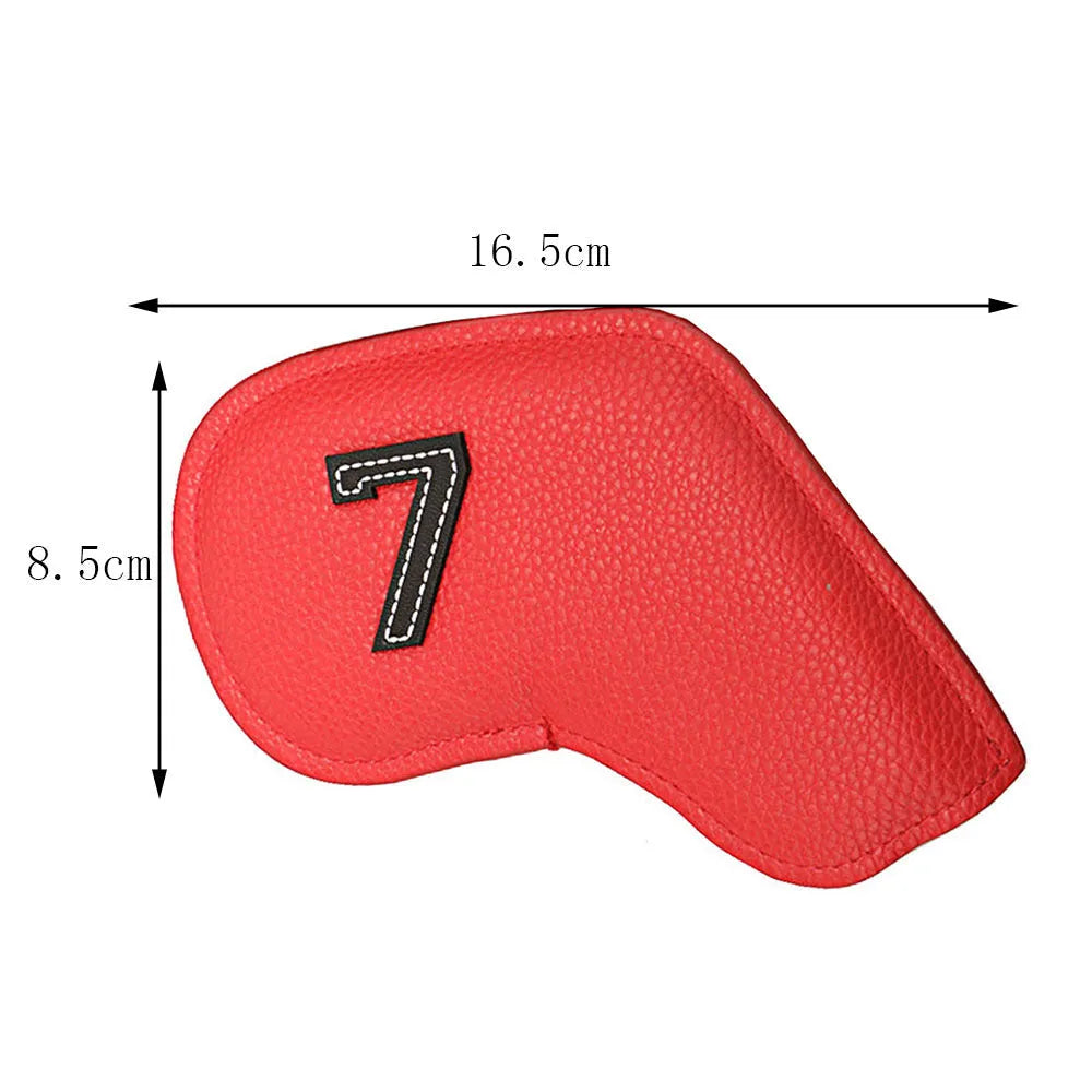 Set of 10 printed PU golf club head covers in assorted digital patterns.