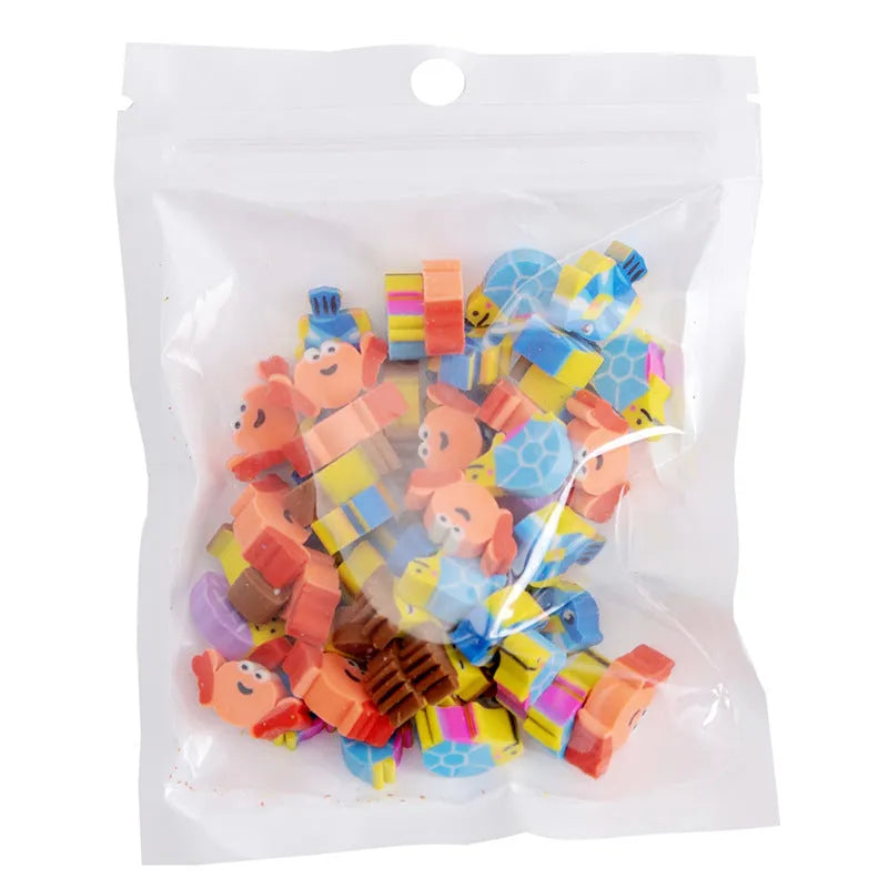 Open pearlescent film bag showing 50 small colourful cartoon fruit-themed rubber erasers.