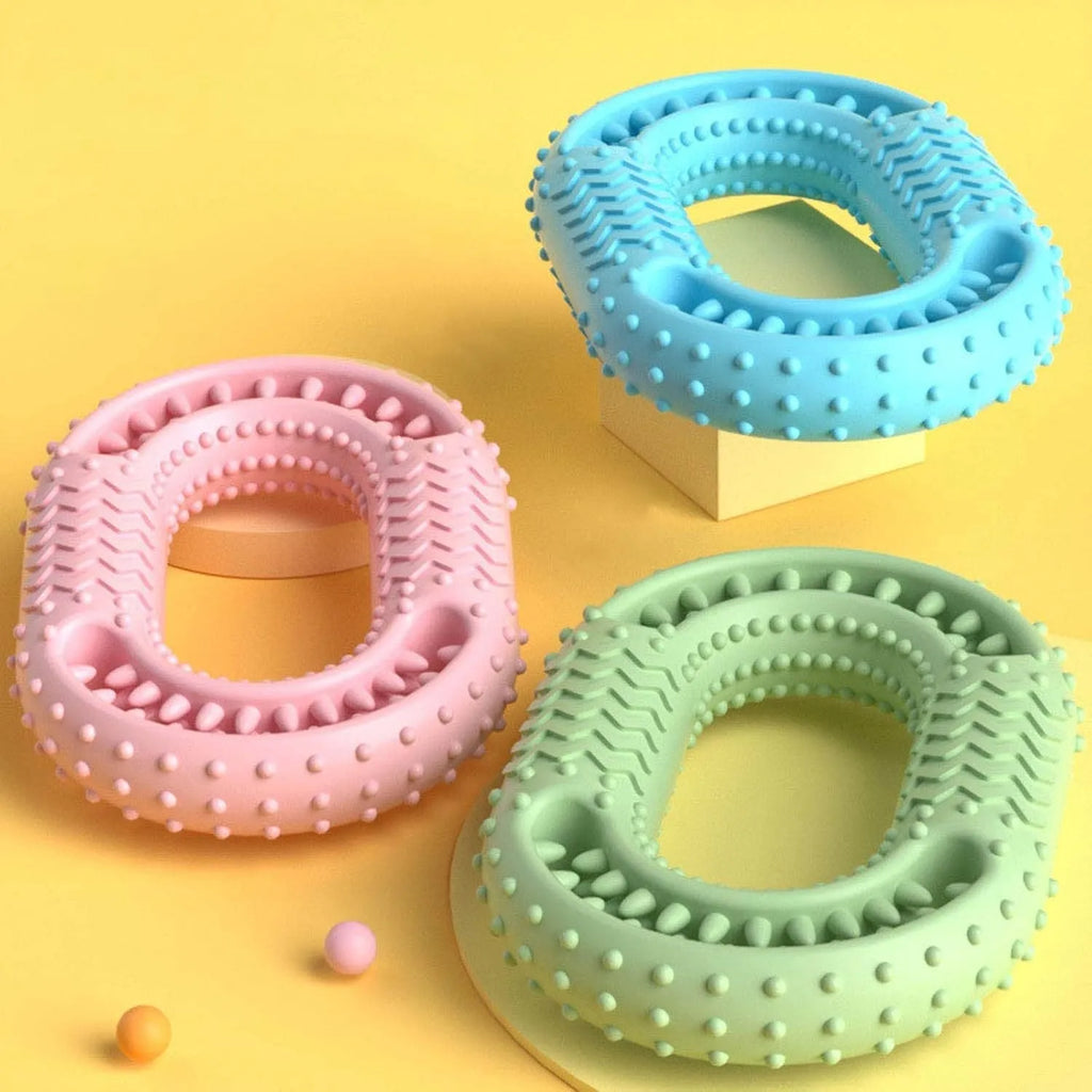 O-ring shape dog chew toy for aggressive chewers in blue, green, or pink colours