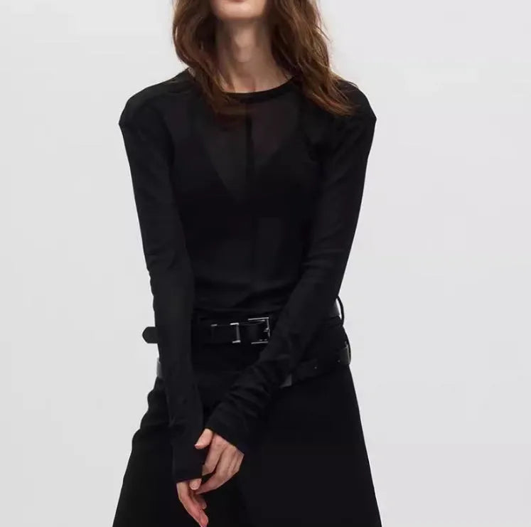 Black slim-fit women's pullover with mesh see-through texture and long sleeves