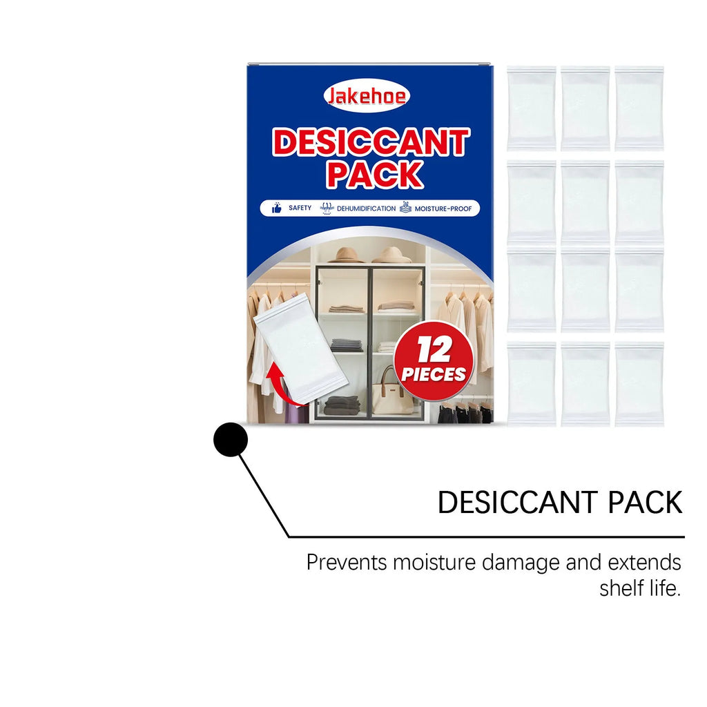 Pack of 12 white calcium chloride desiccant sachets for household moisture and odour control.