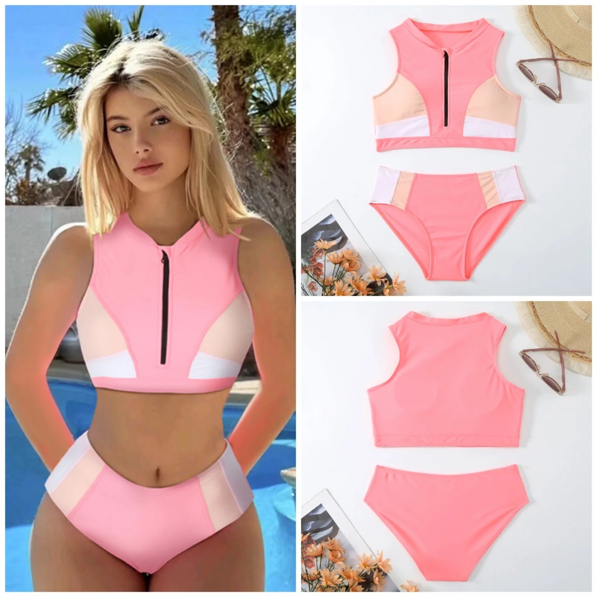 Pink high-waist split bikini swimsuit with sleeveless design and solid colour