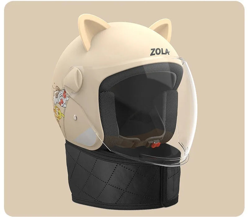 Blue winter electric bicycle helmet with attached ear scarf and a clear anti-fog visor.